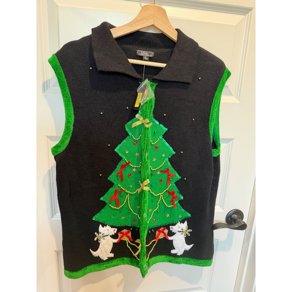Lisa International Christmas Tree Westie vintage Sweater Vest Black Green XL NWT